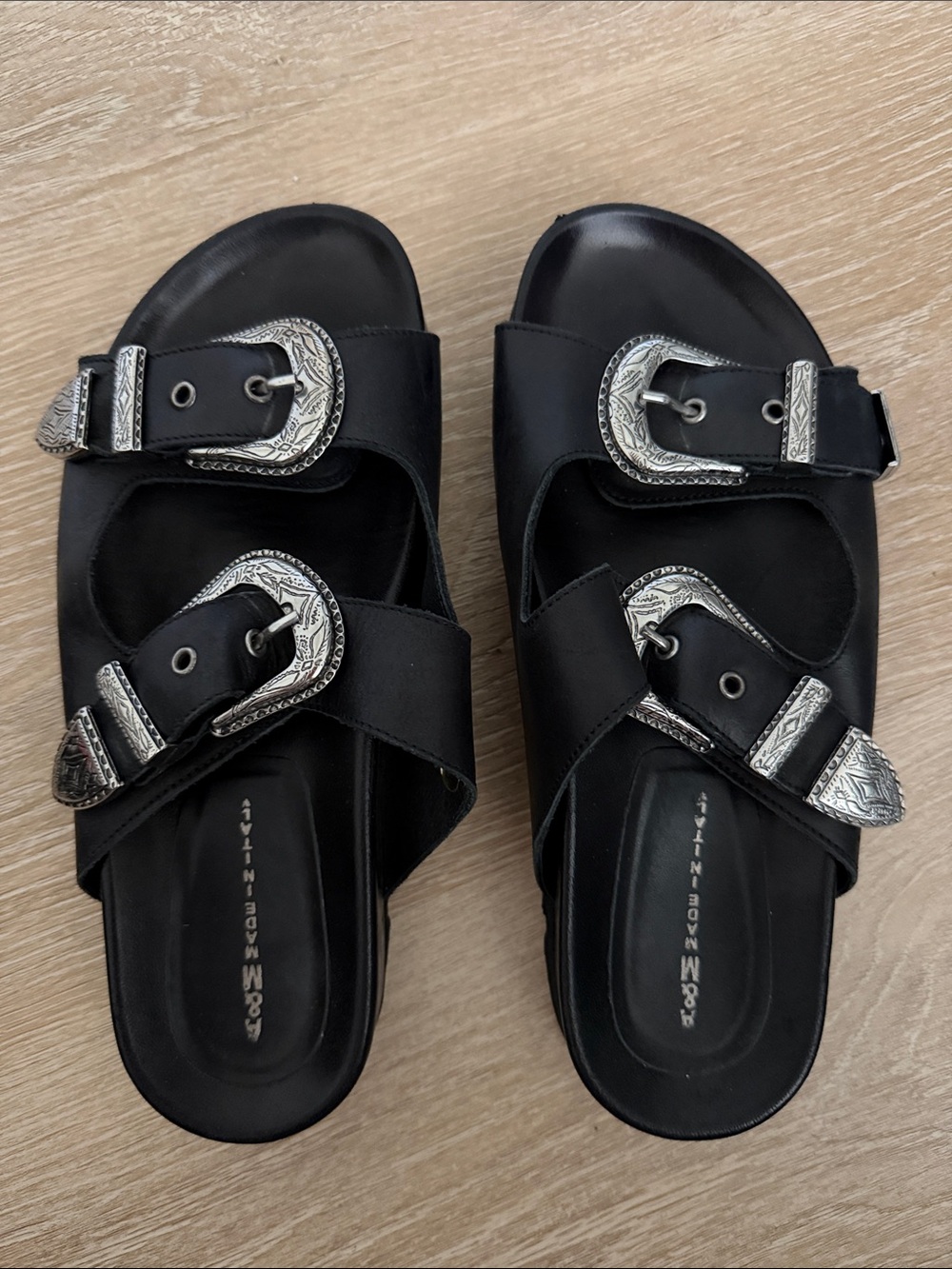 Black Slide Sandals with Decorative Silver Buckles